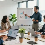 Kolaborasi bisnis di ruang kantor modern, tim profesional terlibat percakapan, balak66 menghubungkan jaringan.