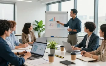 Kolaborasi bisnis di ruang kantor modern, tim profesional terlibat percakapan, balak66 menghubungkan jaringan.