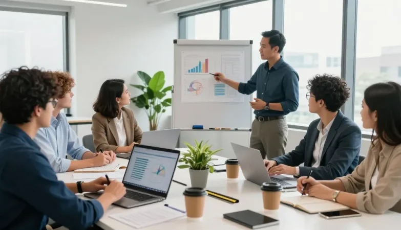 Kolaborasi bisnis di ruang kantor modern, tim profesional terlibat percakapan, balak66 menghubungkan jaringan.