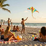 Teman-teman menikmati waktu di pantai Miami di https://miami4d.com/ saat matahari terbenam.