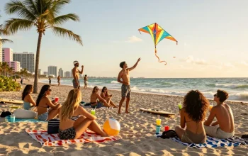 Teman-teman menikmati waktu di pantai Miami di https://miami4d.com/ saat matahari terbenam.