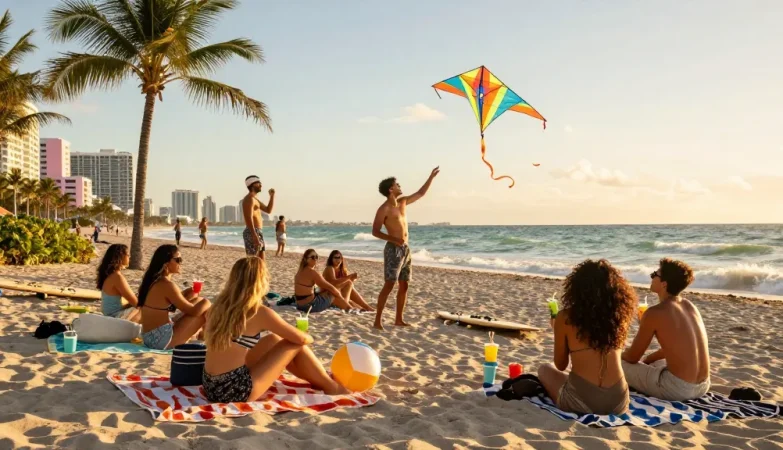 Teman-teman menikmati waktu di pantai Miami di https://miami4d.com/ saat matahari terbenam.